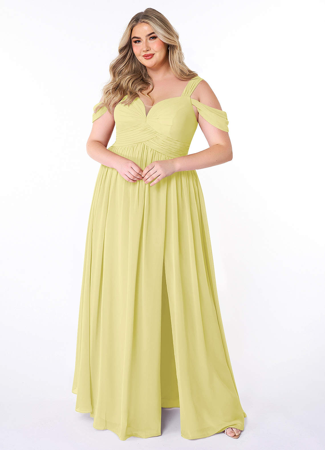 Azazie Lianne Bridesmaid Dresses Lemon Sorbet A-Line Off the Shoulder Chiffon Dress image1
