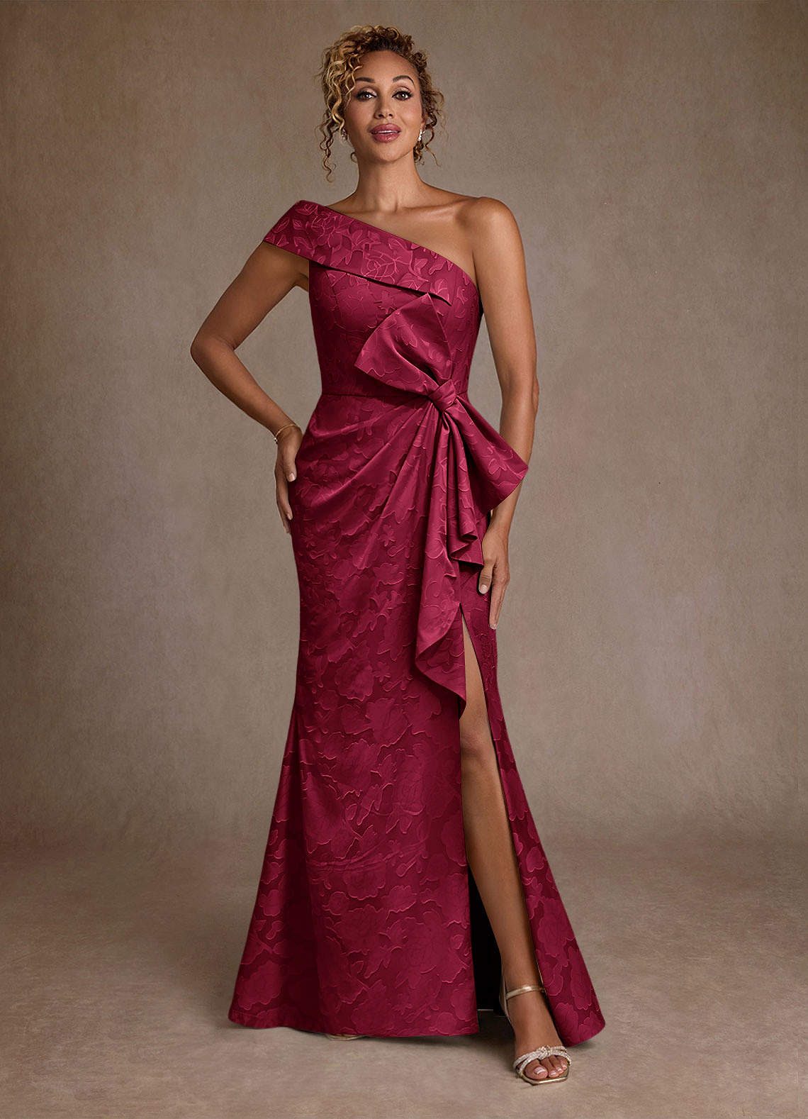 Azazie Hampton Mother of the Bride Dresses Burgundy Mermaid One Shoulder Floral Burnout Dress image1