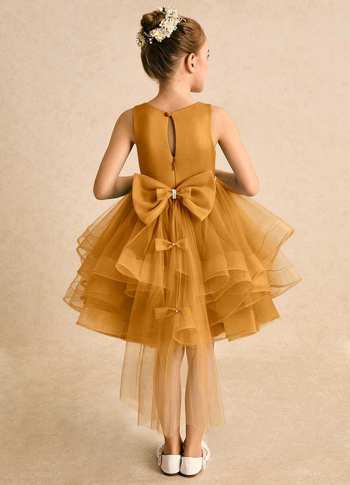 Azazie Tinie Blumenmädchenkleider Ballkleid Schleifen Tüll Kleid Butterscotch image1