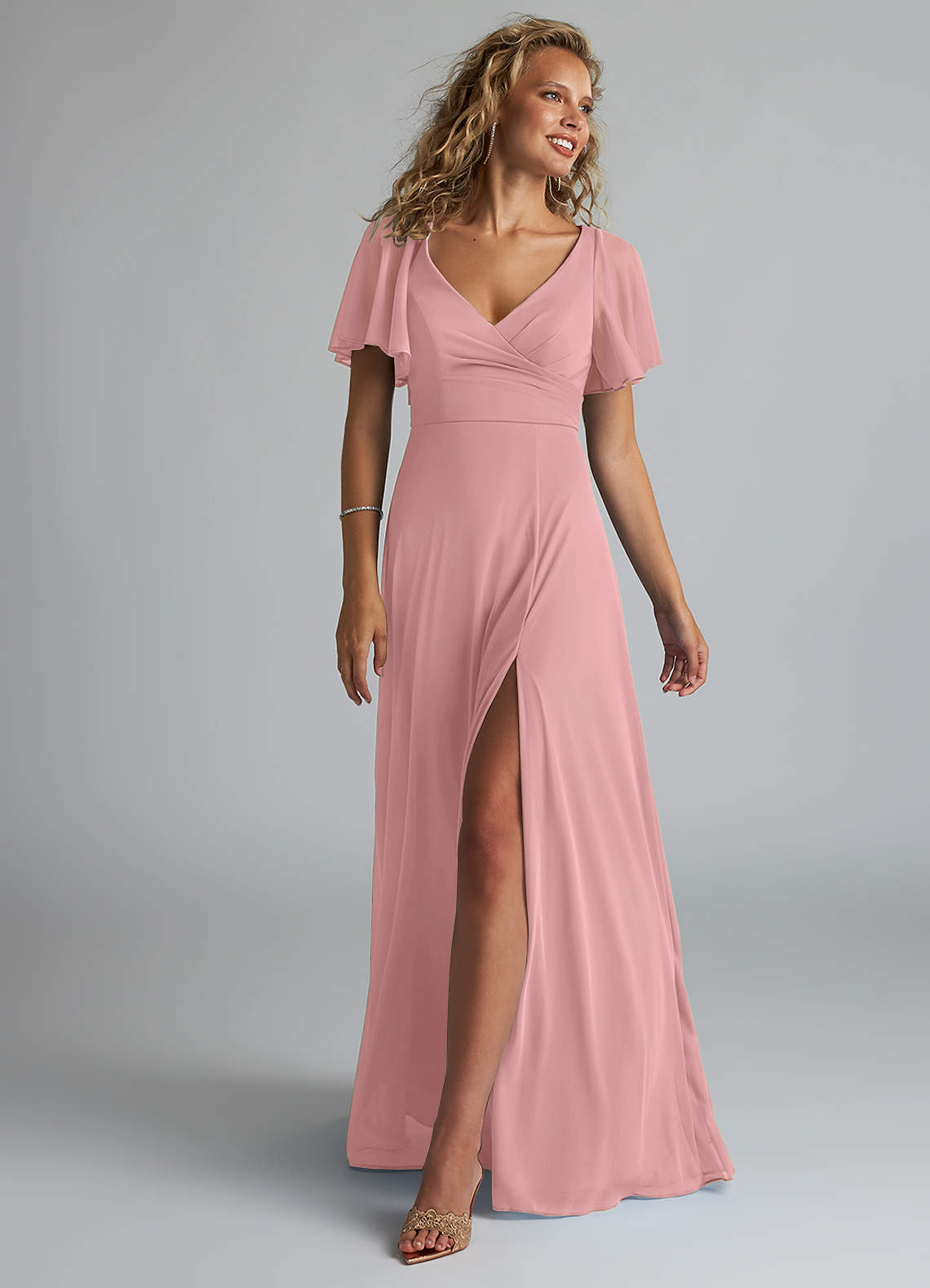 Azazie Induh Bridesmaid Dresses Dusty Rose A-Line Flutter V-neck Mesh Dress image1
