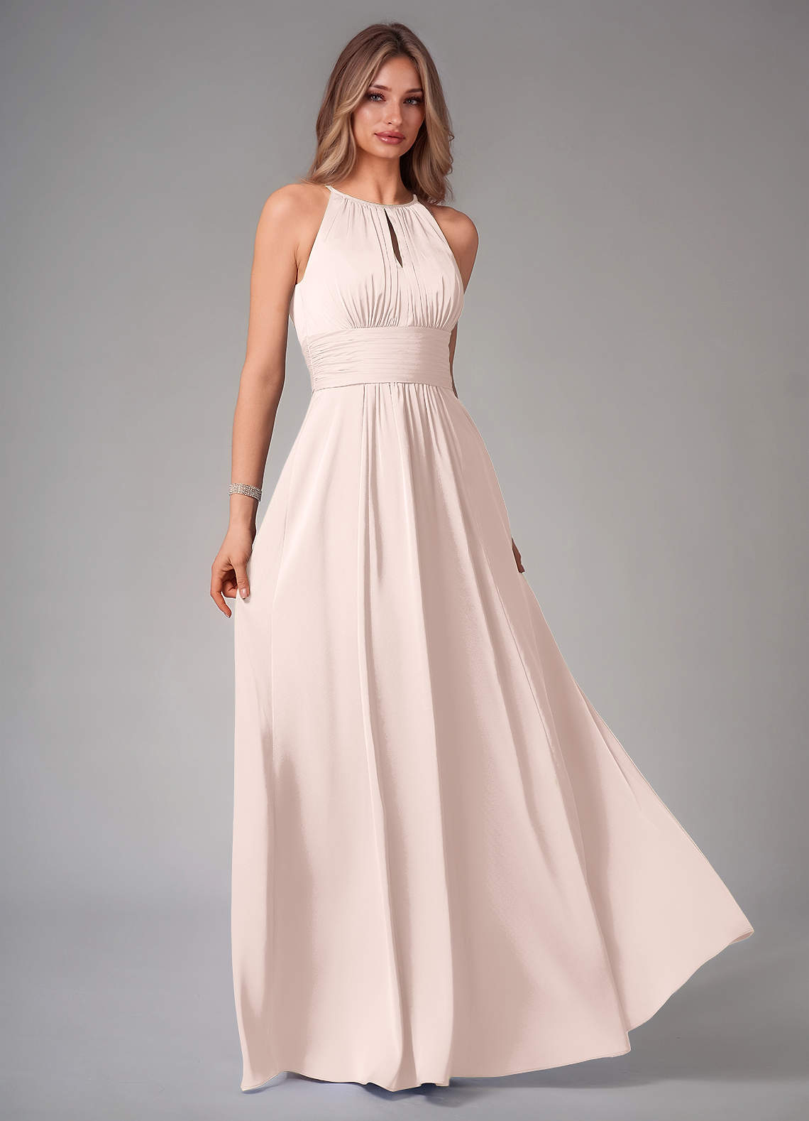 Azazie Bonnie Bridesmaid Dresses Blushing Pink A-Line Pleated Stretch Satin Dress image1