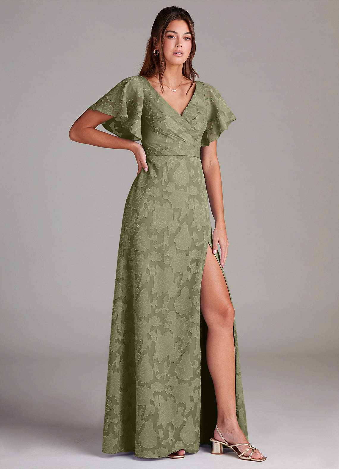 Azazie Ambrosia Essayer des robes à la maison Robe Trapèze en Blumen-Burnout Plissée Bleu Poussiéreux image2
