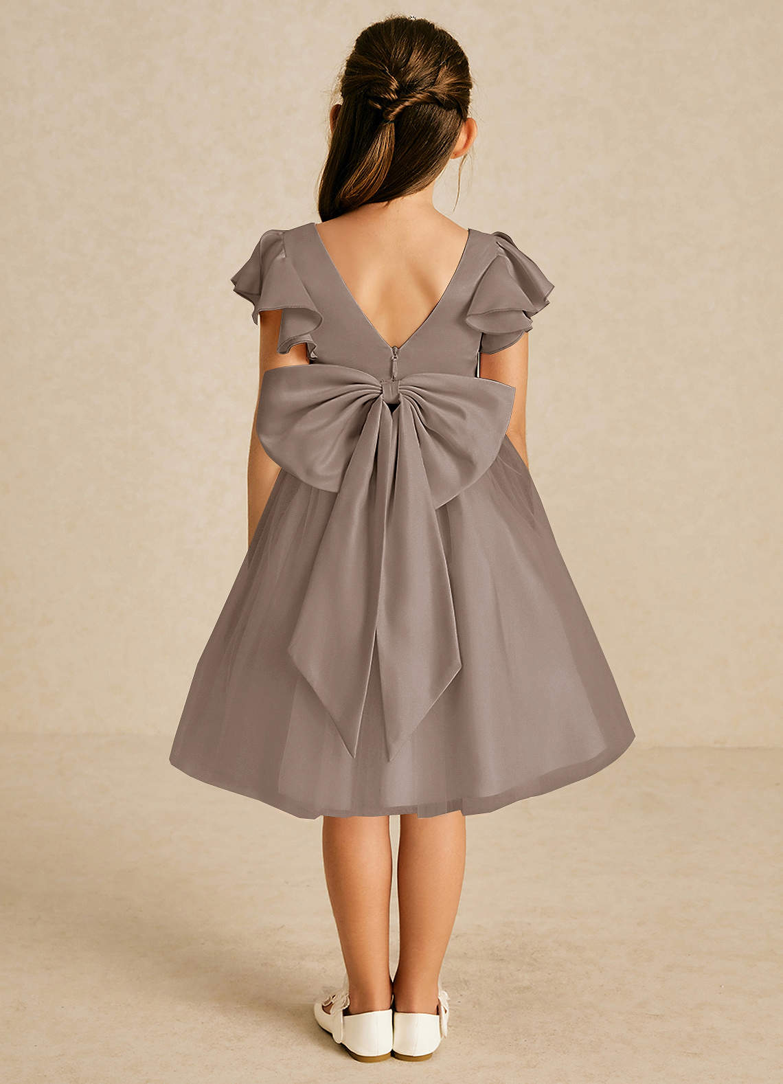Azazie Kaeya Flower Girl Dresses Taupe A-Line Bow Tulle Dress image1