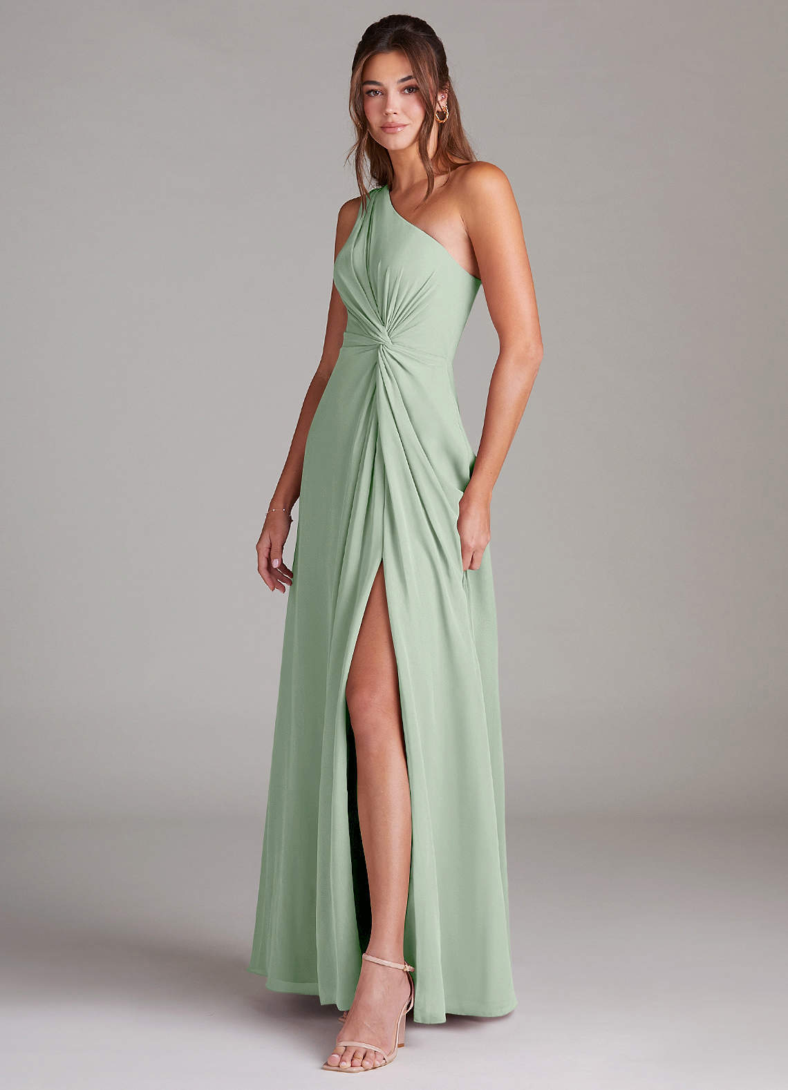 Azazie Brooke Bridesmaid Dresses Agave A-Line One Shoulder Chiffon Dress image4