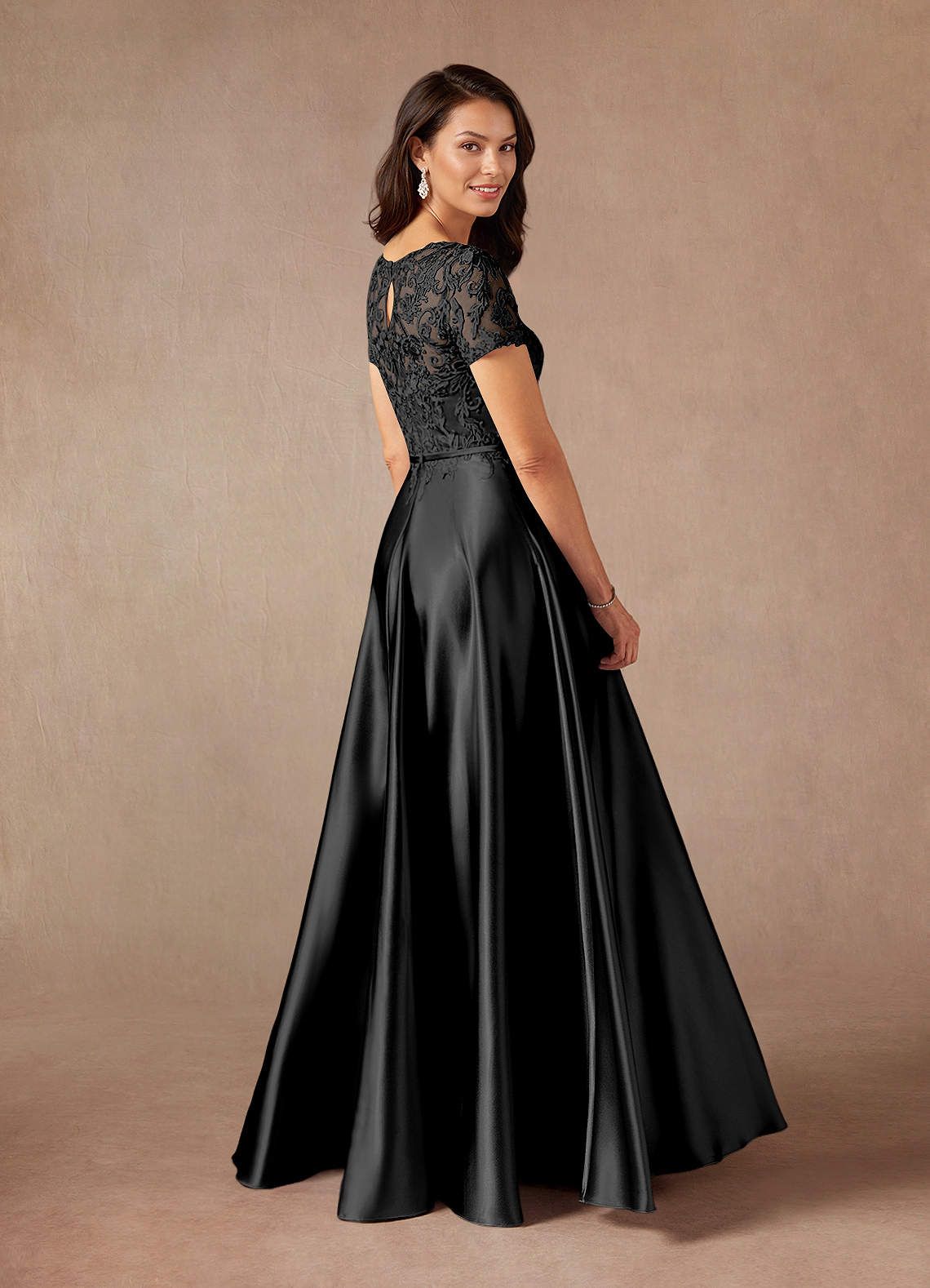 Azazie Adina Black A-Line Lace Metallic Satin Dress Sample Dress | Azazie Azazie Adina Black A-Line Lace Metallic Satin Dress Sample Dress | Azazie