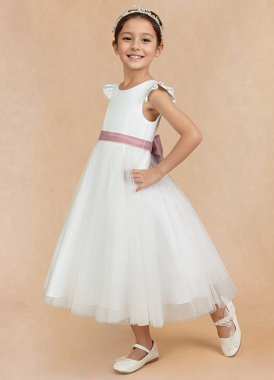 Azazie Hemi Flower Girl Dresses Ivory Dusty Rose A-Line Bow Tulle Dress image3