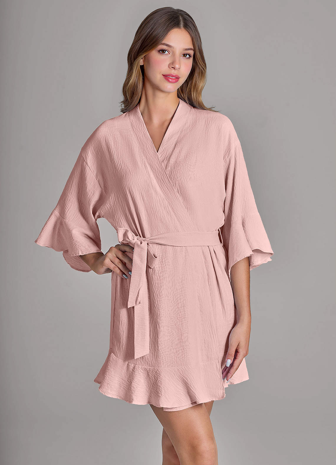 front Matching Color 2-Piece Ruffled Cloud-Soft Robe and Slip Set