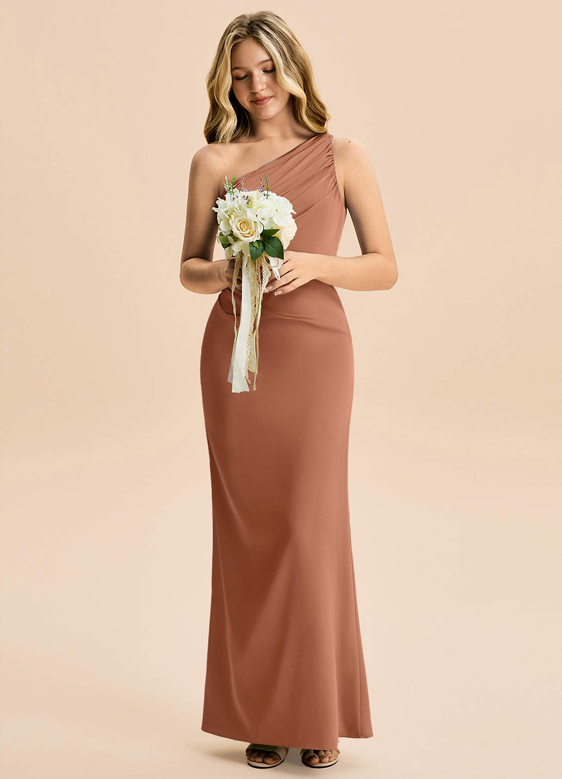 Azazie Akilah Junior Bronzer Sheath Pleated Stretch Satin Dress image3