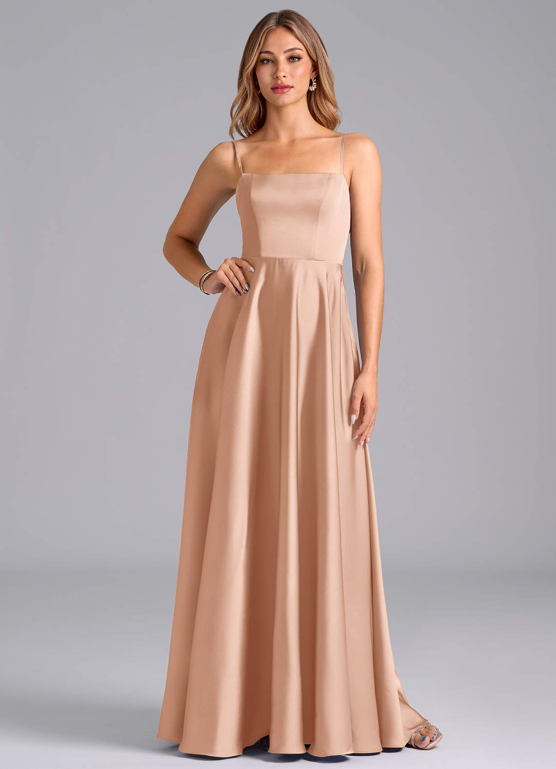 Azazie Elita Robes de demoiselle d'honneur Robe Trapèze en Satin extensible Plissée Or Rose image1
