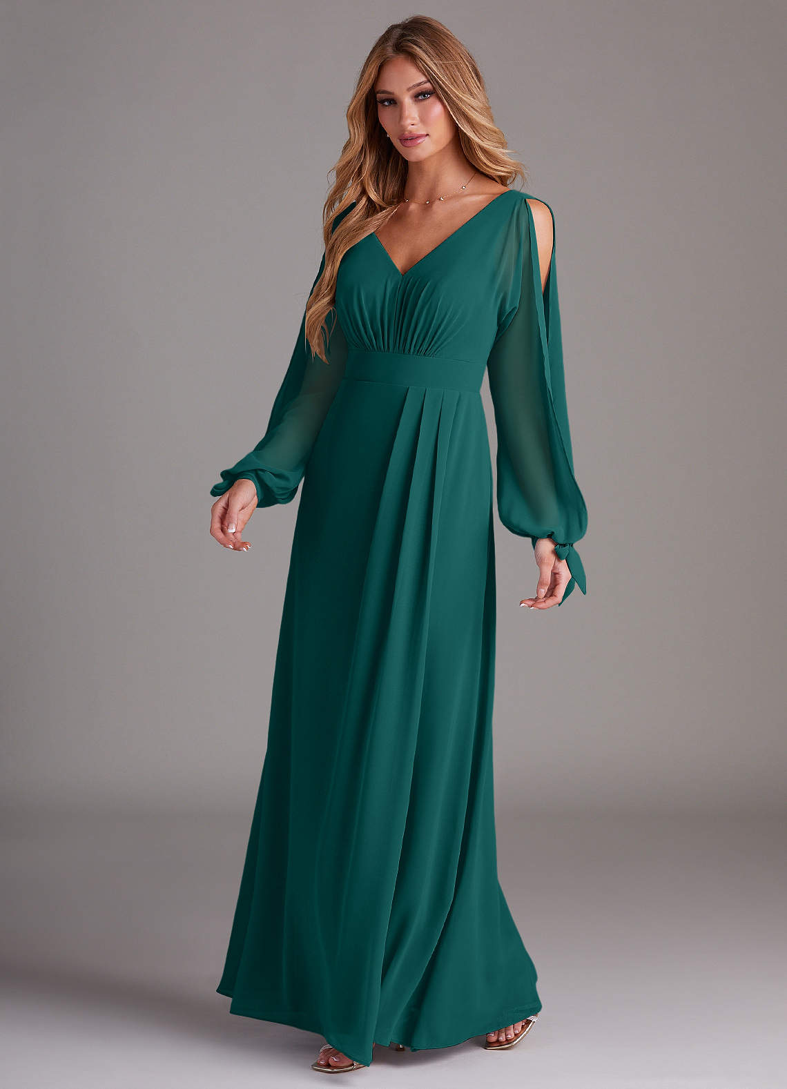 Azazie Matilda Bridesmaid Dresses Peacock A-Line Long Sleeve Chiffon Dress image1