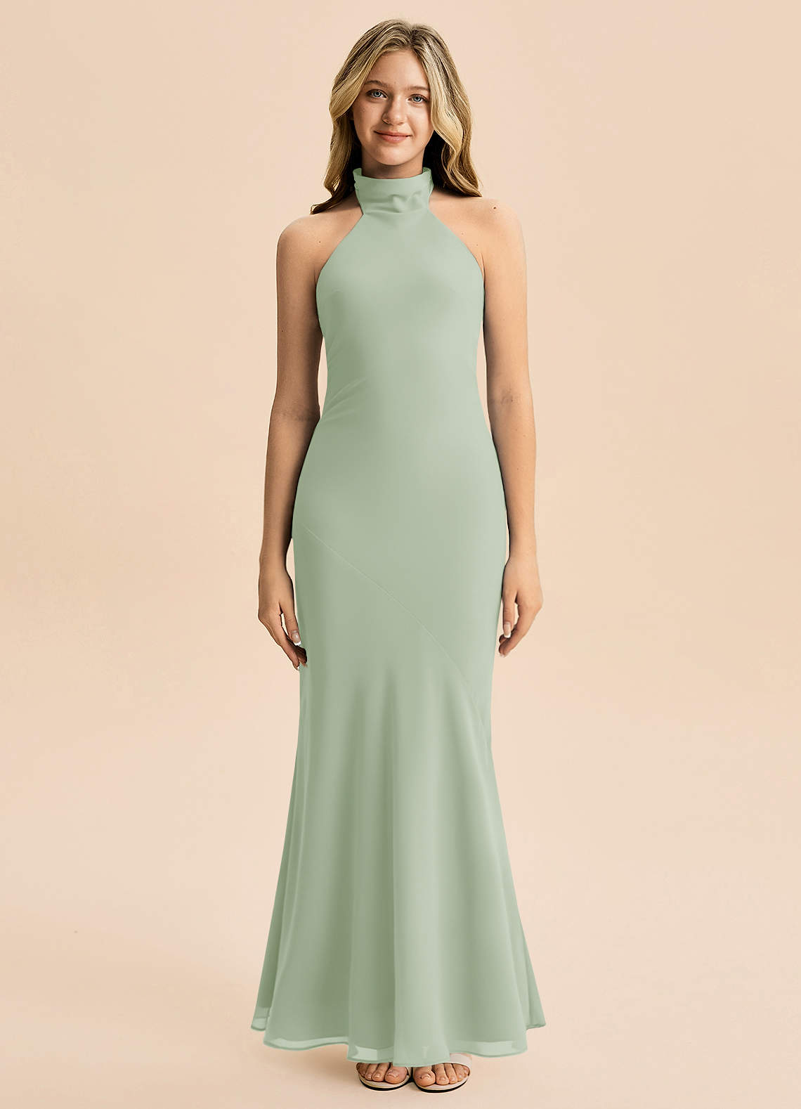 Azazie Velli Junior Dusty Sage Mermaid High Neck Chiffon Dress image2