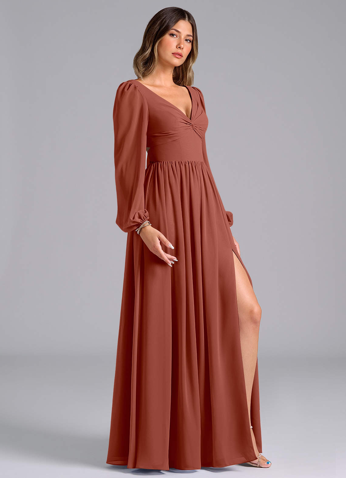 Modest Dresses With Long Sleeves Bridesmaid Dress For Winter Wedding Azazie  A-Line V-Neck Long Sleeve Floor-Length Chiffon Bridesmaid Dresses Auburn