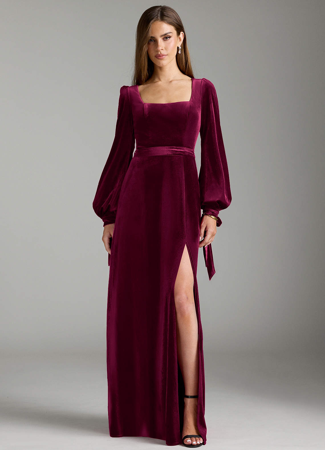 Azazie Leonia Bridesmaid Dresses Cabernet A-Line Long Sleeve Velvet Dress image1