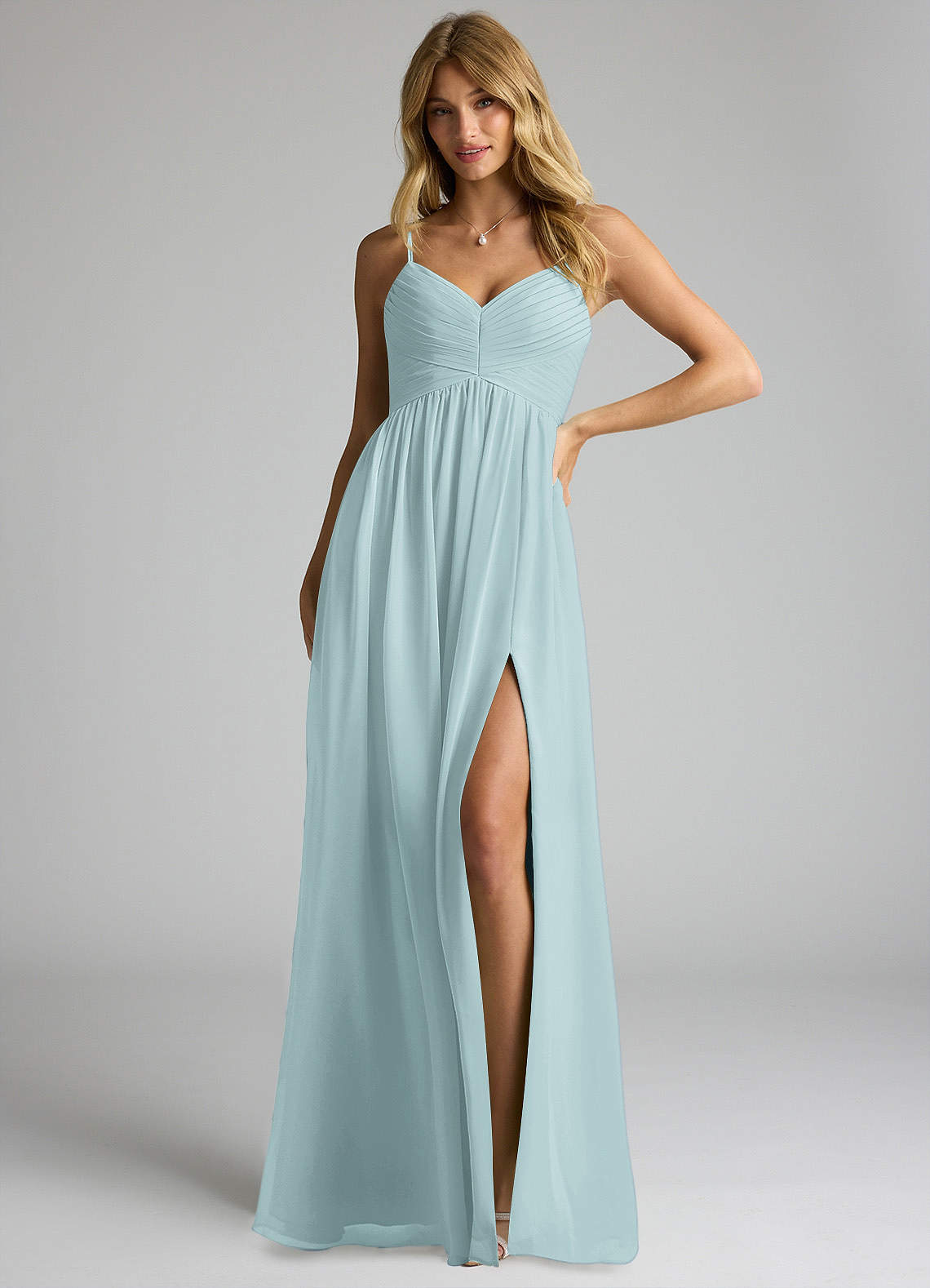 Azazie Alia Bridesmaid Dresses Mist A-Line Pleated Chiffon Dress image1