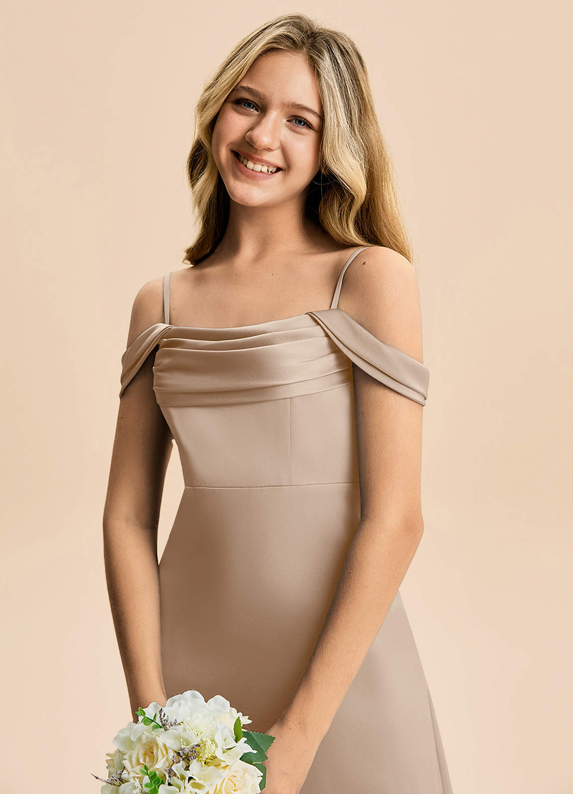 Azazie Lettie Junior Taupe A-Line Off the Shoulder Stretch Satin Dress image4