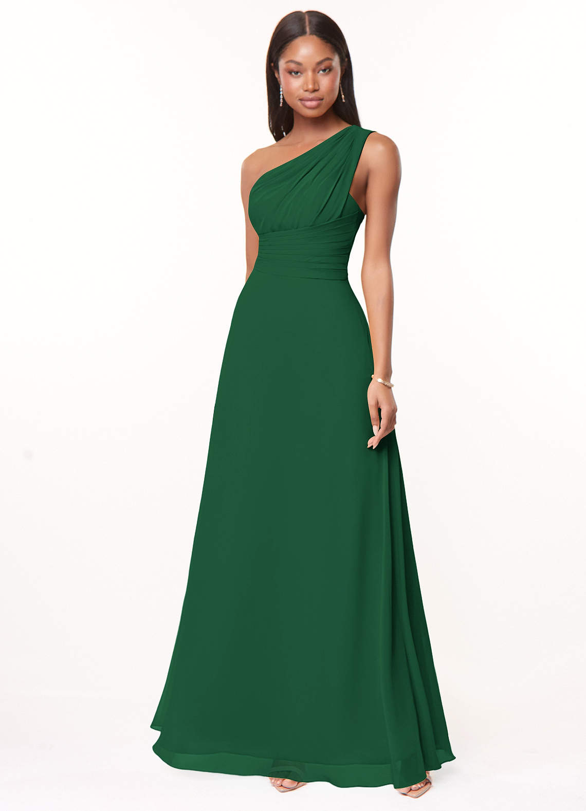 Azazie Ashley Vestidos de damas de honor Vestido de Verde Oscuro de Gasa de Corte en A con Volante image1