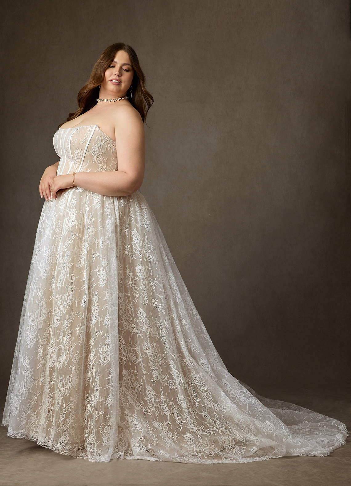 Azazie Demetria Wedding Dresses Diamond White Nude Ball-Gown Strapless Lace Dress image12
