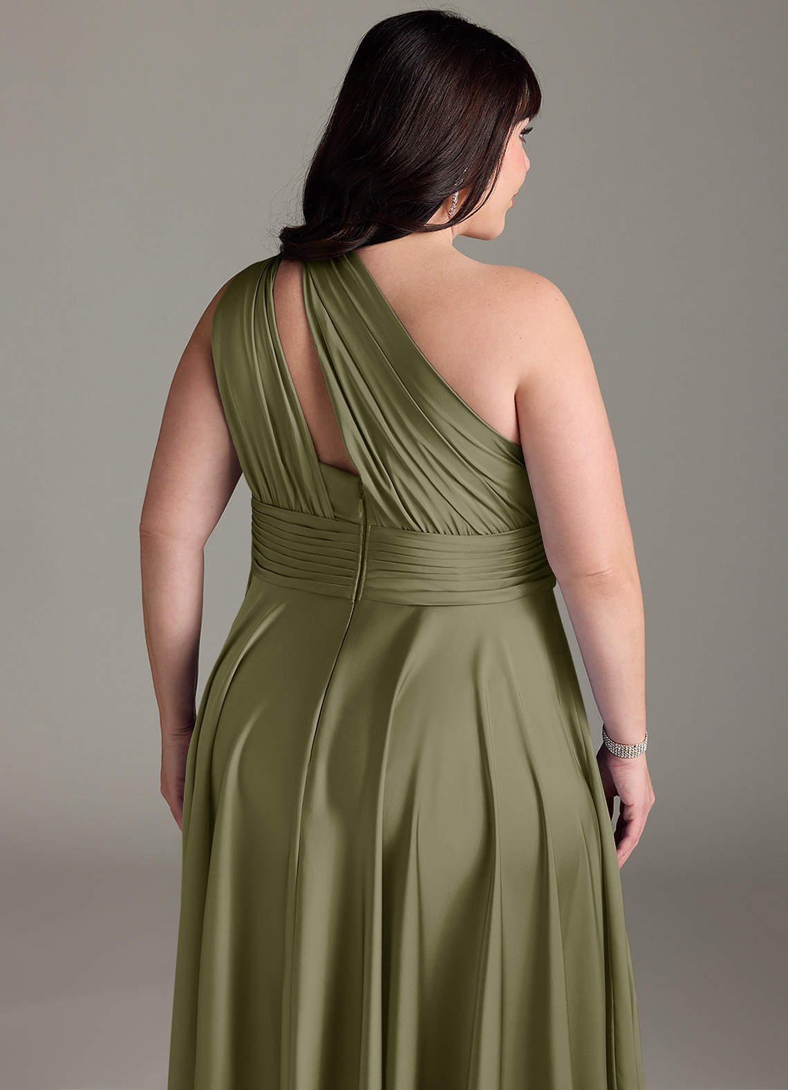 Azazie Charlize Bridesmaid Dresses Pistachio A-Line One Shoulder Stretch Satin Dress image15