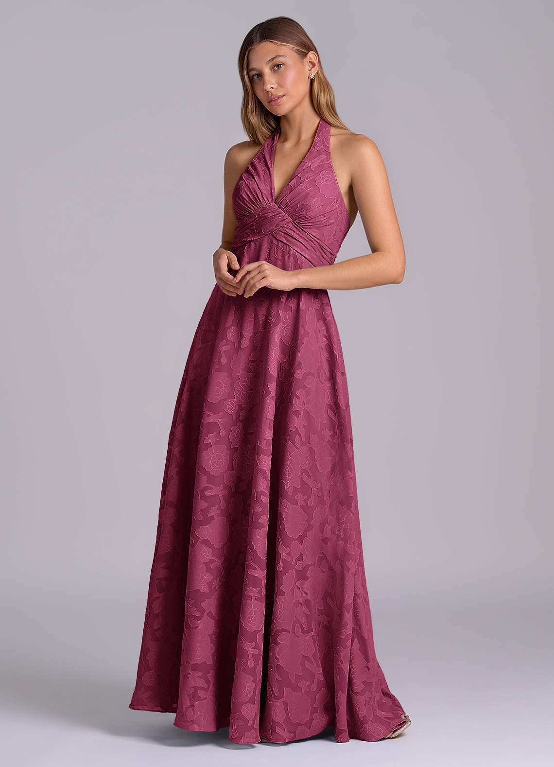 Azazie A-Line Halter Neck Floor-Length Floral Burnout Bridesmaid Dresses
