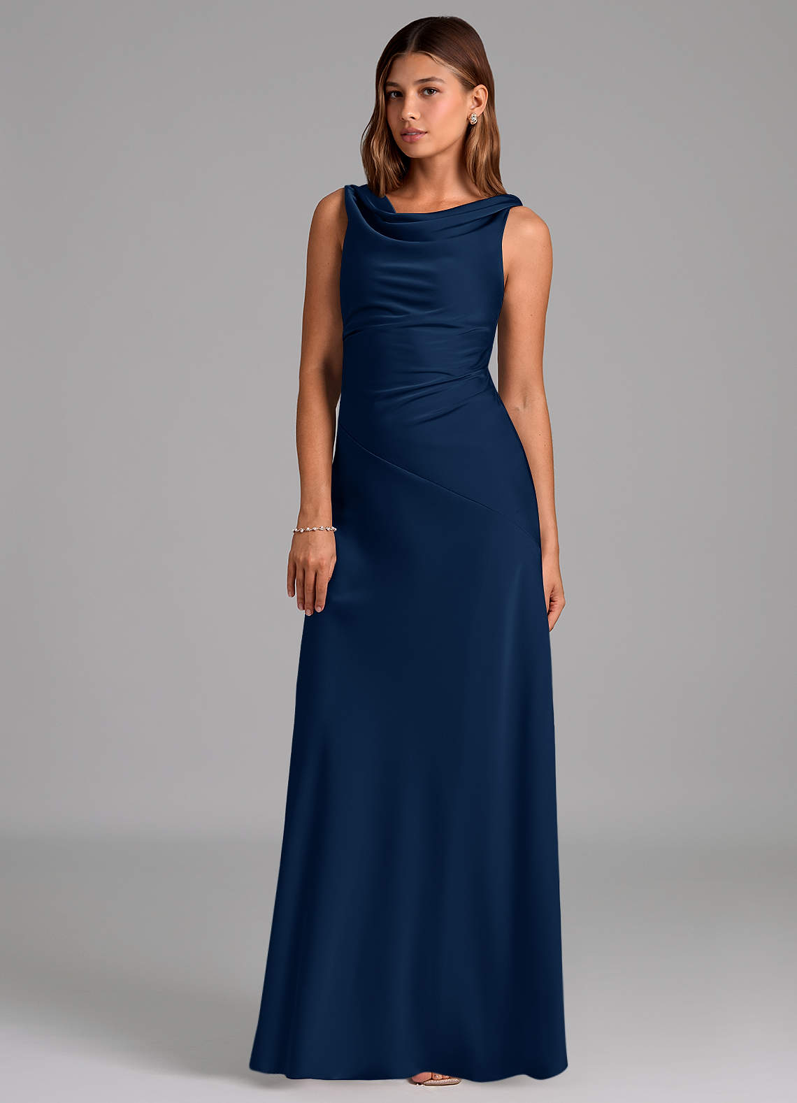 Azazie Nerine Bridesmaid Dresses Dark Navy A-Line Pleated Stretch Satin Dress image1