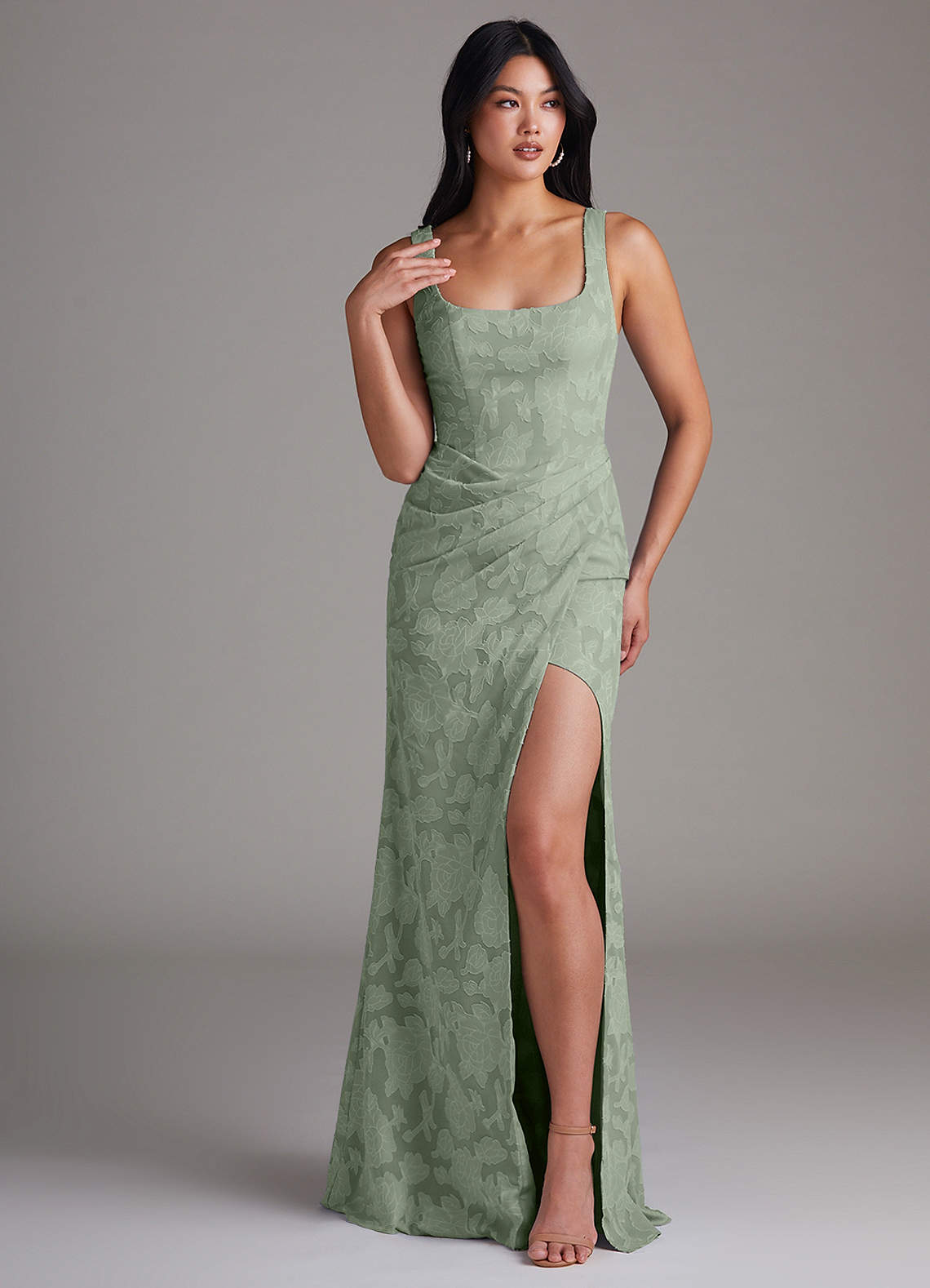 Azazie Mero Bridesmaid Dresses Agave Sheath Pleated Floral Burnout Dress image1