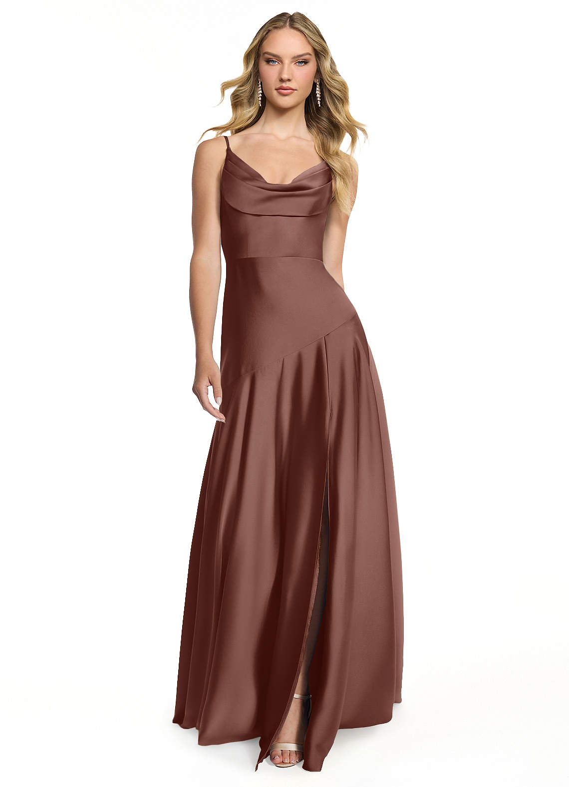 Azazie Kayla Bridesmaid Dresses Espresso Sheath Side Slit Stretch Satin Dress image1
