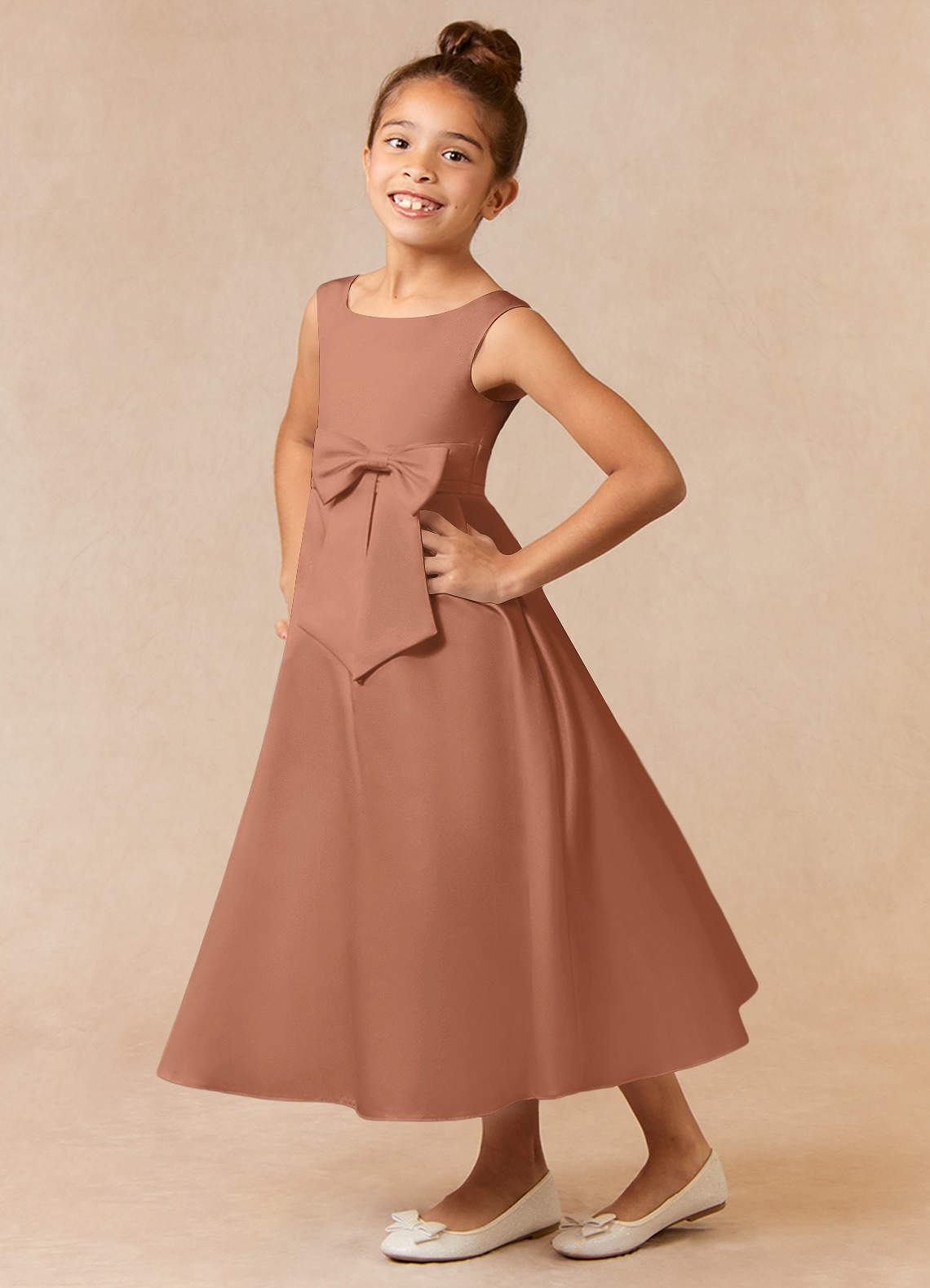 Azazie Lindy Flower Girl Dresses Bronzer A-Line Pleated Matte Satin Dress image1