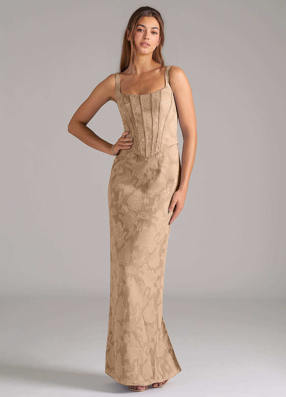 Azazie Kenna Bridesmaid Dresses Champagne Sheath Side Slit Floral Burnout Dress image1