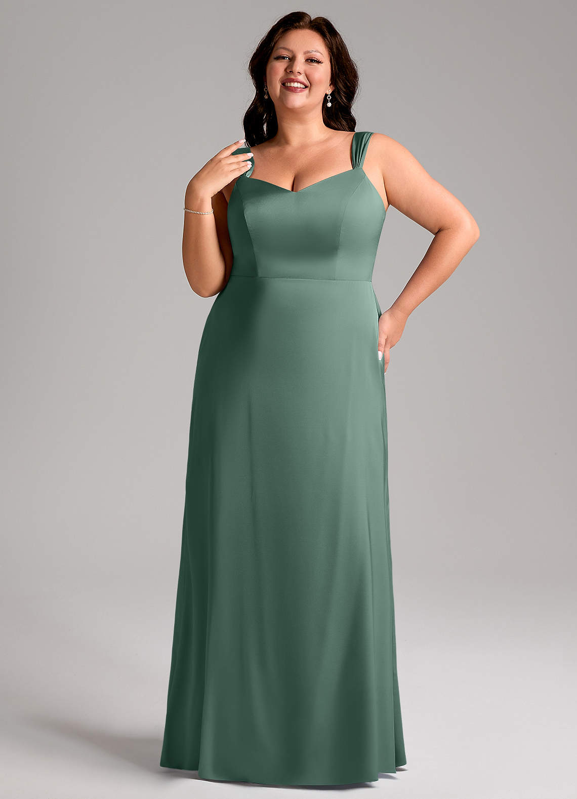 Azazie Denice Bridesmaid Dresses Eucalyptus Sheath Pleated Stretch Satin Dress image9