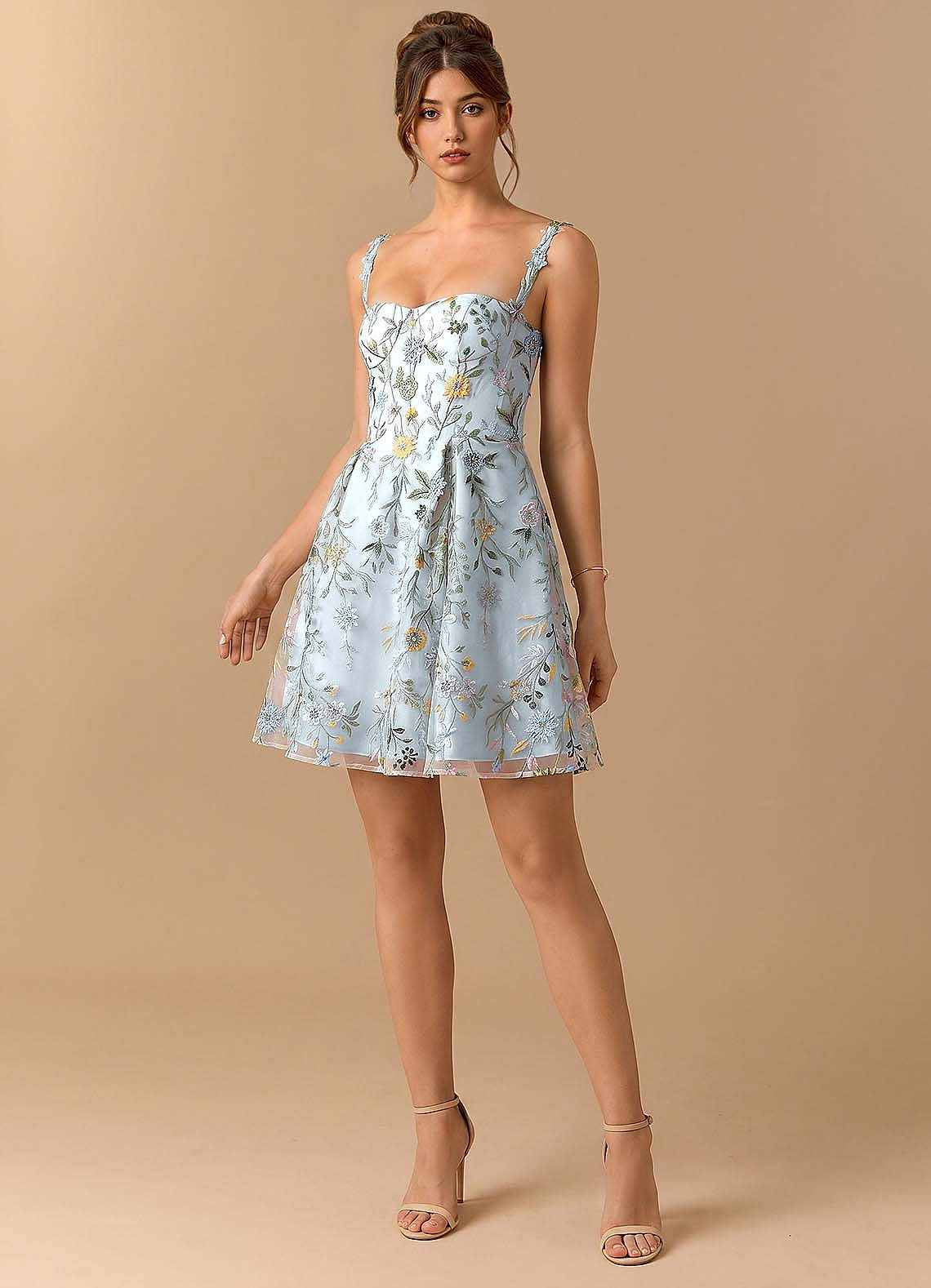 sky blue mini dress A-line Spaghetti Straps Lace Appliqued Short Homecoming Dress, MH546 layered ruffle detail Low Aphrodite Light Blue Satin Bustier