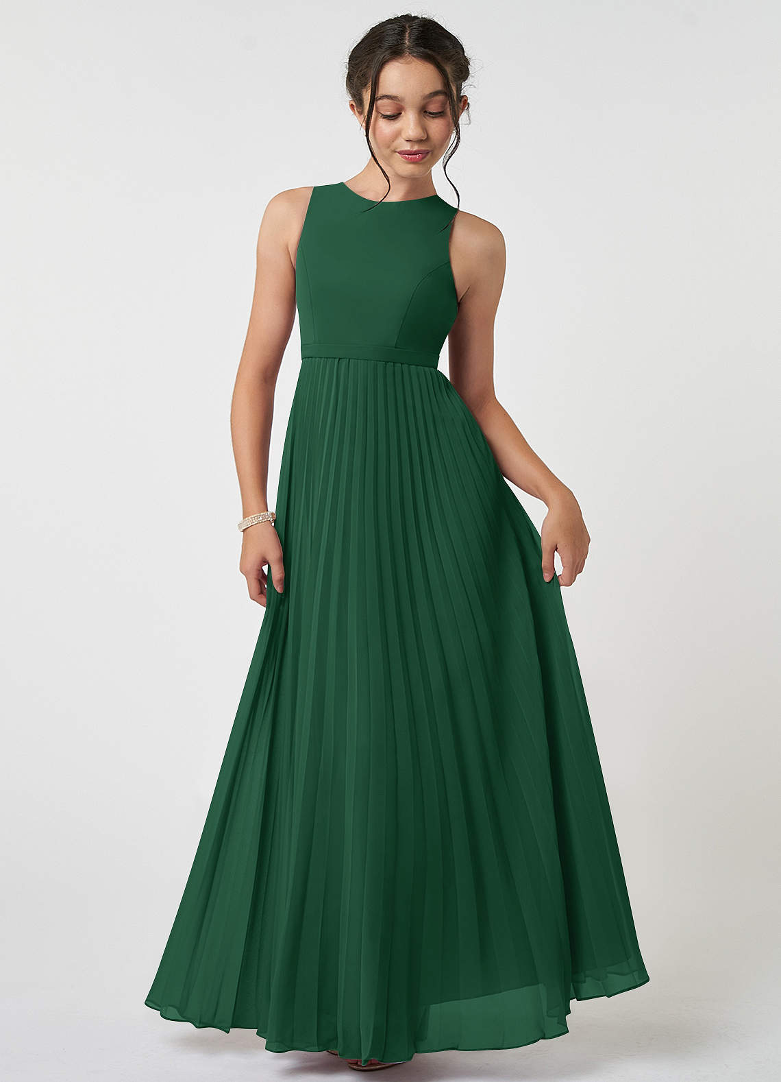 Azazie Lindie Junior Dark Green A-Line Pleated Chiffon Dress image1