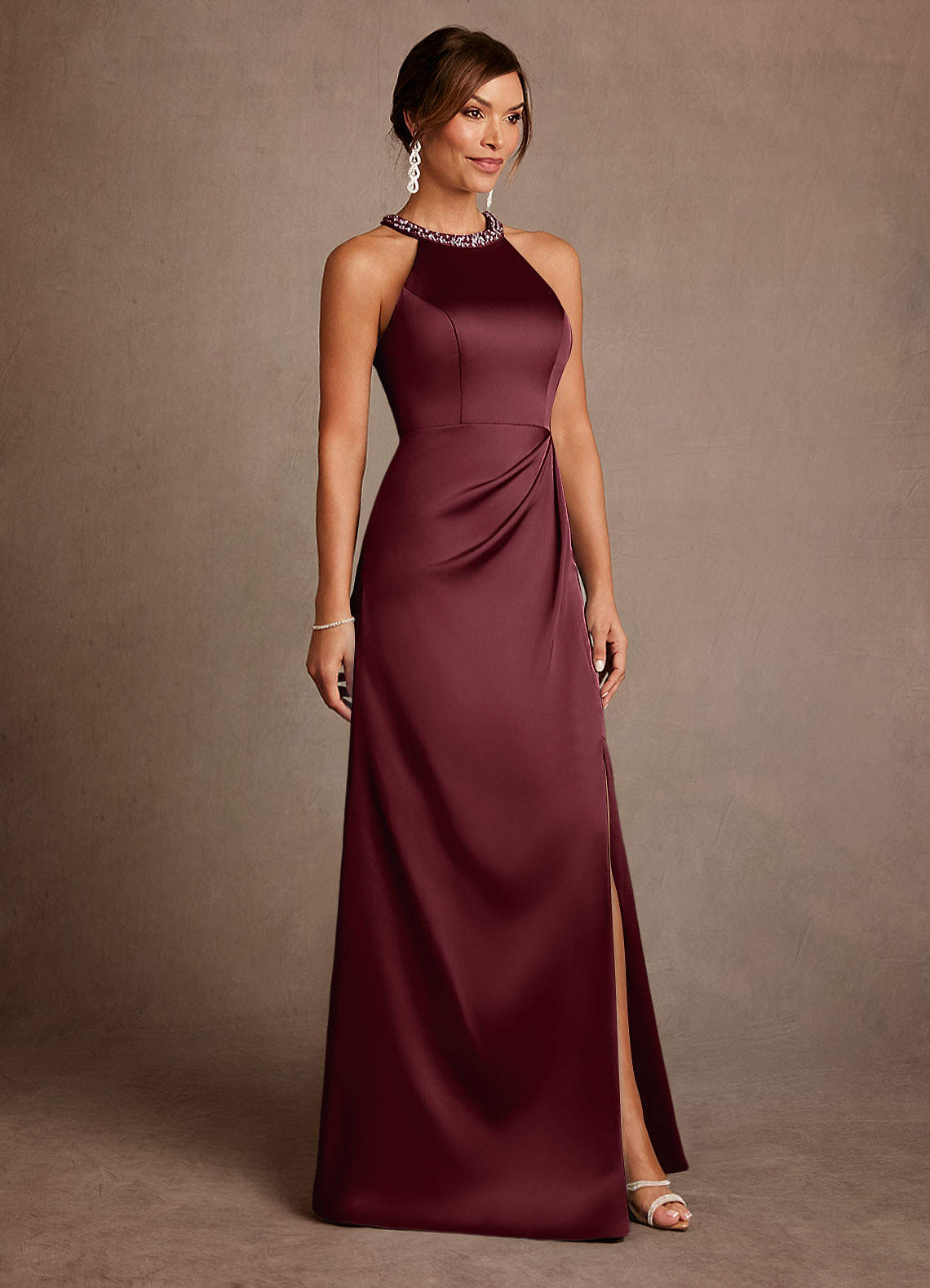 Azazie Lawrence Mother of the Bride Dresses Cabernet A-Line Pleated Stretch Satin Dress image3