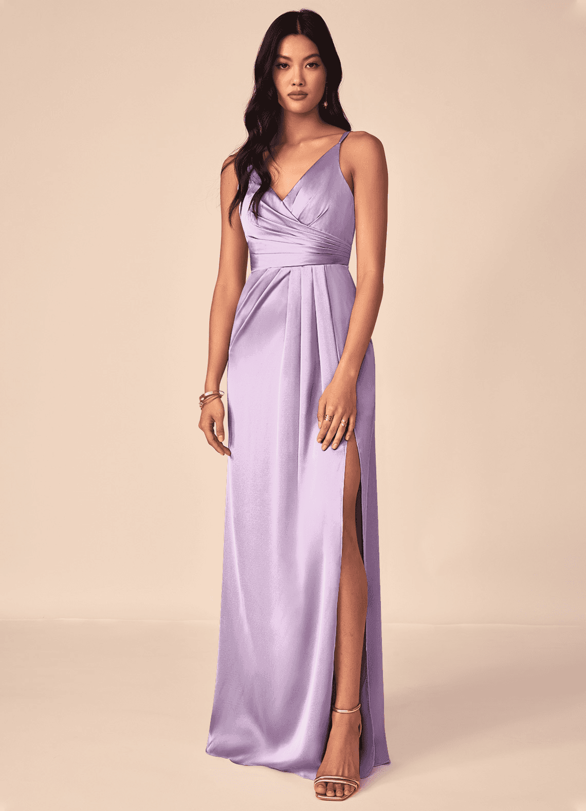 Azazie Aqua Bridesmaid Dresses Frosted Lilac A-Line V-Neck Pleated Stretch Satin Dress image1