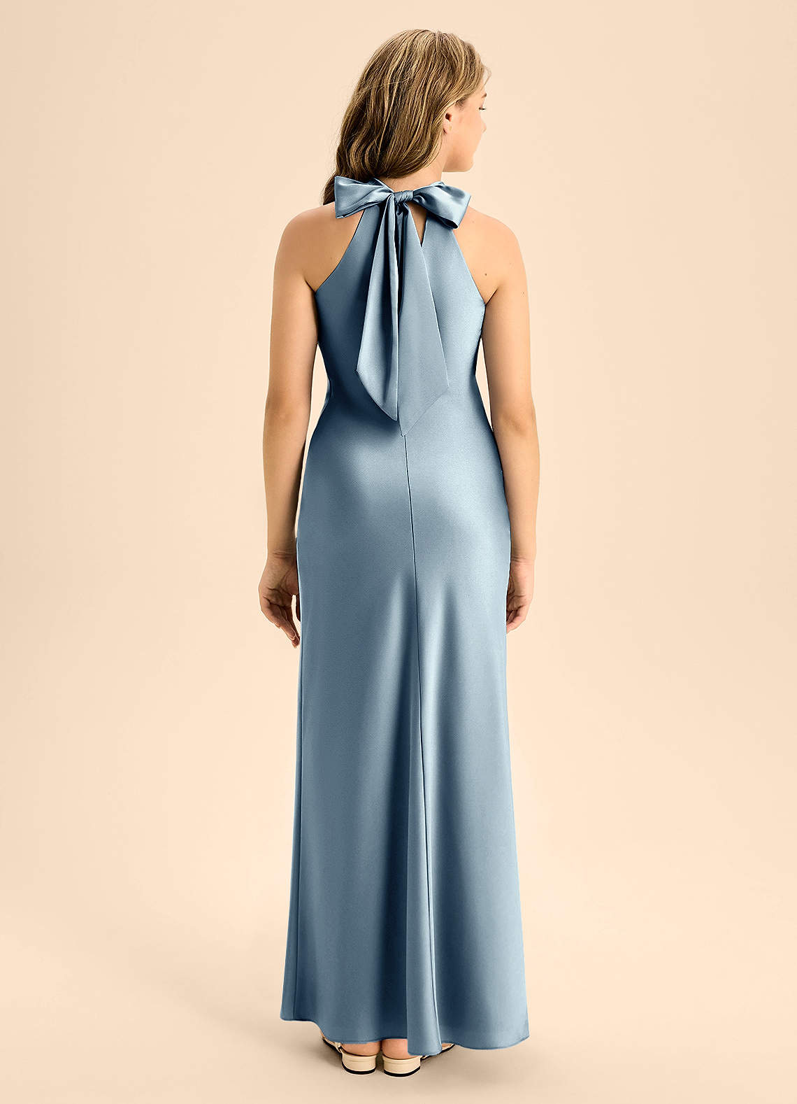 Azazie Doretta Junior Dusty Blue A-Line Pleated Stretch Satin Dress image1