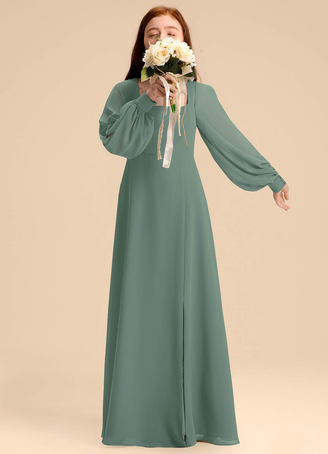Azazie Bondi Junior Eucalyptus A-Line Blouson Chiffon Dress image1