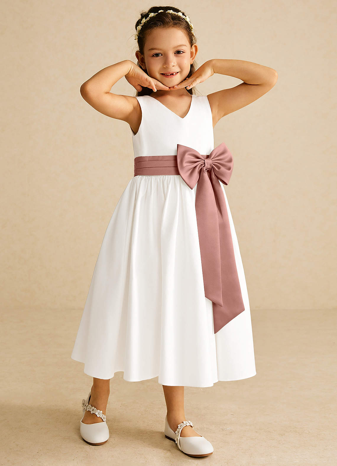 Azazie Darling Flower Girl Dresses Ivory Cedar Rose A-Line Bow Cotton Dress image1