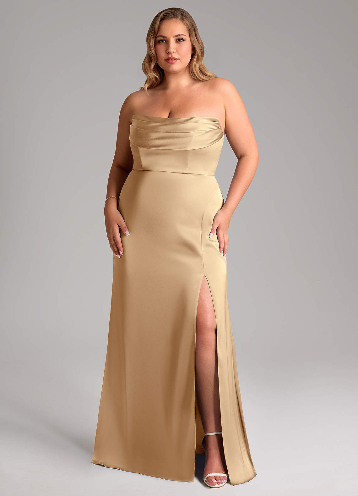 Azazie Saige Bridesmaid Dresses Champagne Sheath Off the Shoulder Stretch Satin Dress image15