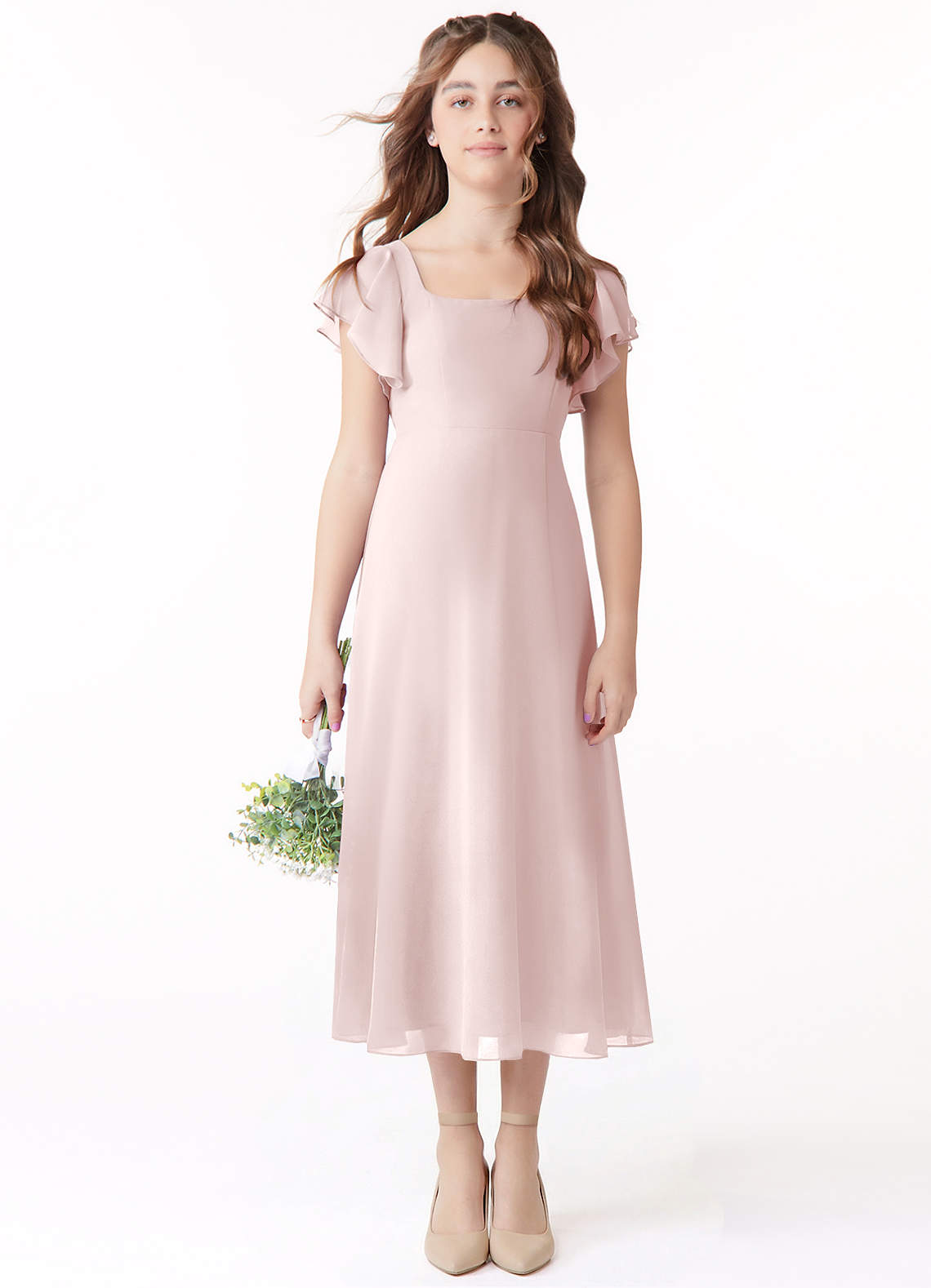 Azazie Bondi Junior Vestido Rosa Corado de Chiffon de Linha A com Ruched image1