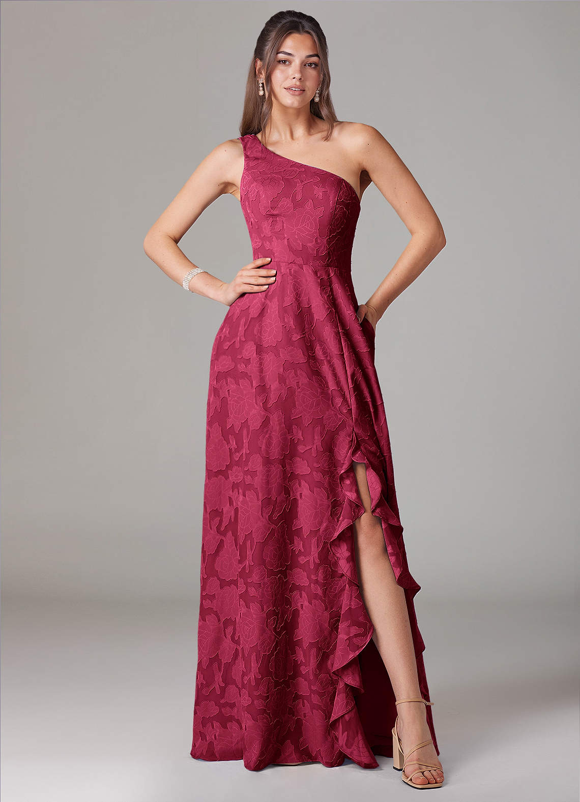 Azazie Ellianna Bridesmaid Dresses Burgundy A-Line One Shoulder Floral Burnout Dress image1