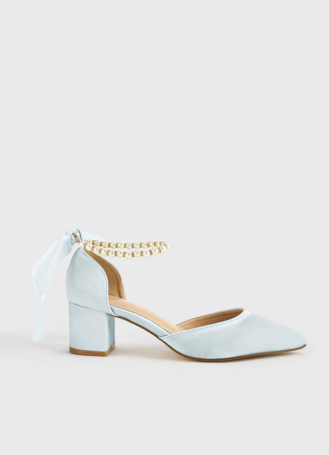front Satin Pearl and Bow Pointed Toe Block Heels