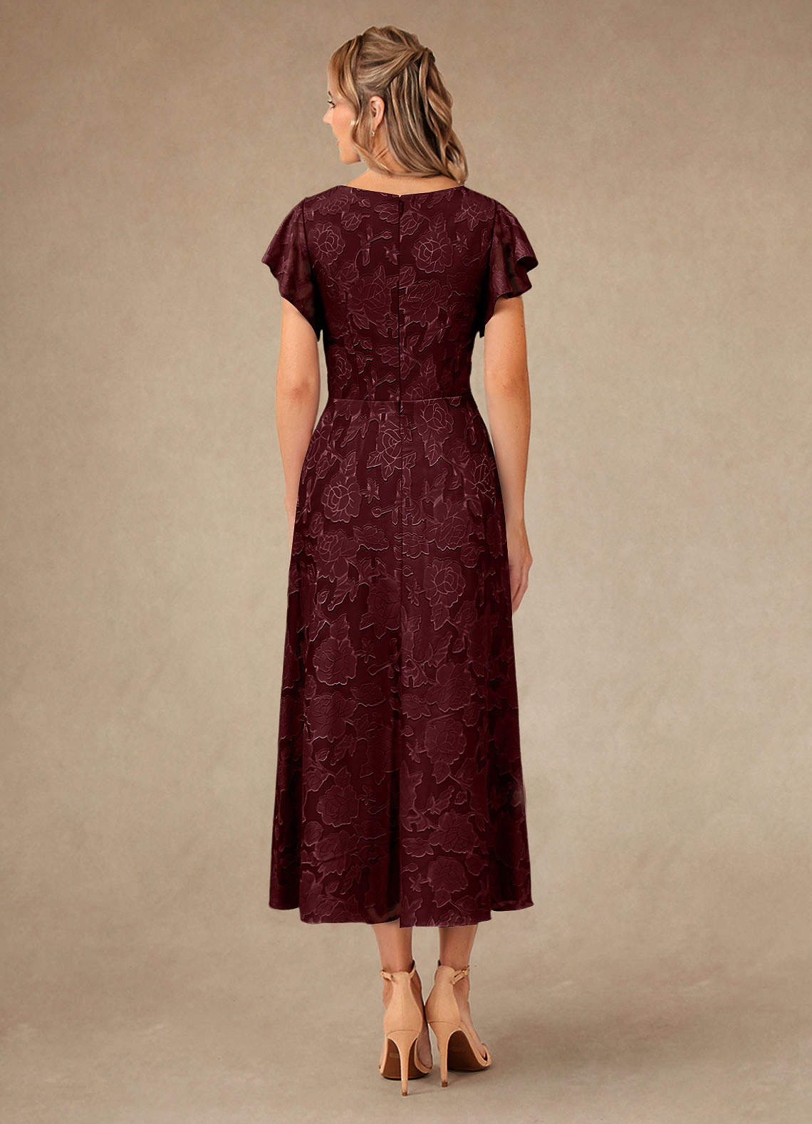 Azazie Vera vestidos de madre de la novia Vestido de Cabernet de Devorado Floral de Corte En A con Plisado image3