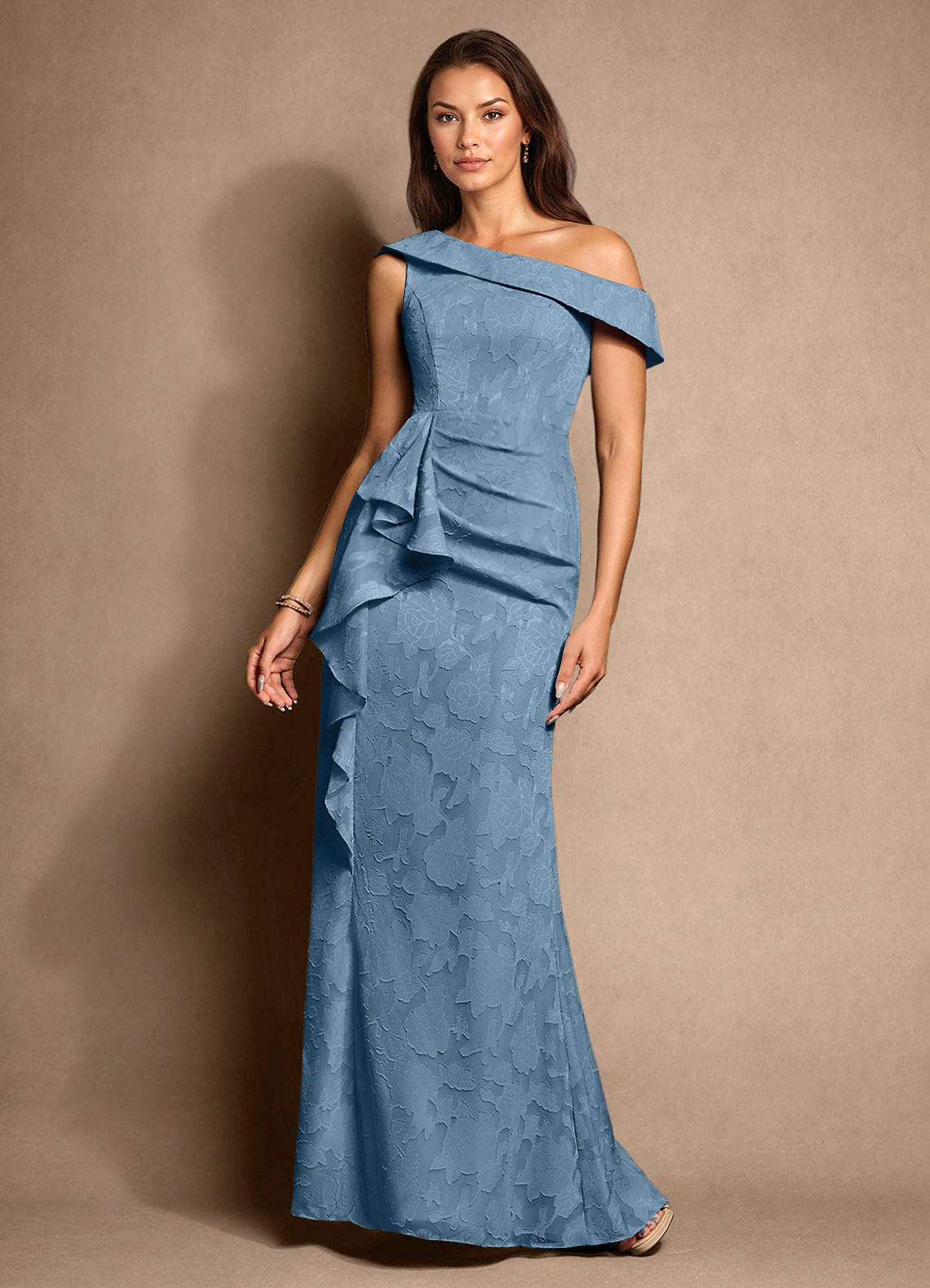 Azazie Hamptons Abiti per la Madre della Sposa Abito A-Line in Burnout Floreale Plissettato Blu Acciaio image1