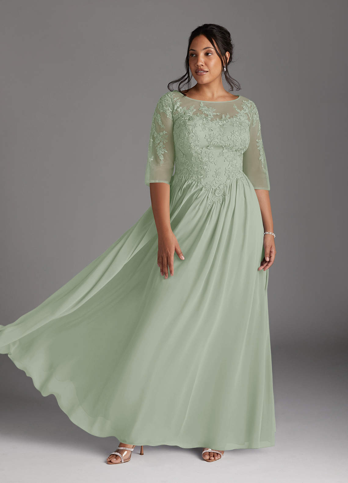 Azazie Mirielle vestidos de madre de la novia Vestido de Salvia Polvorienta de Gasa de Corte En A con Encaje Scoop image6
