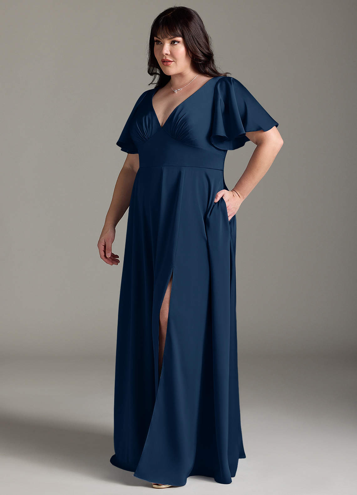Azazie Kimber Bridesmaid Dresses Dark Navy A-Line Ruched Stretch Satin Dress image9