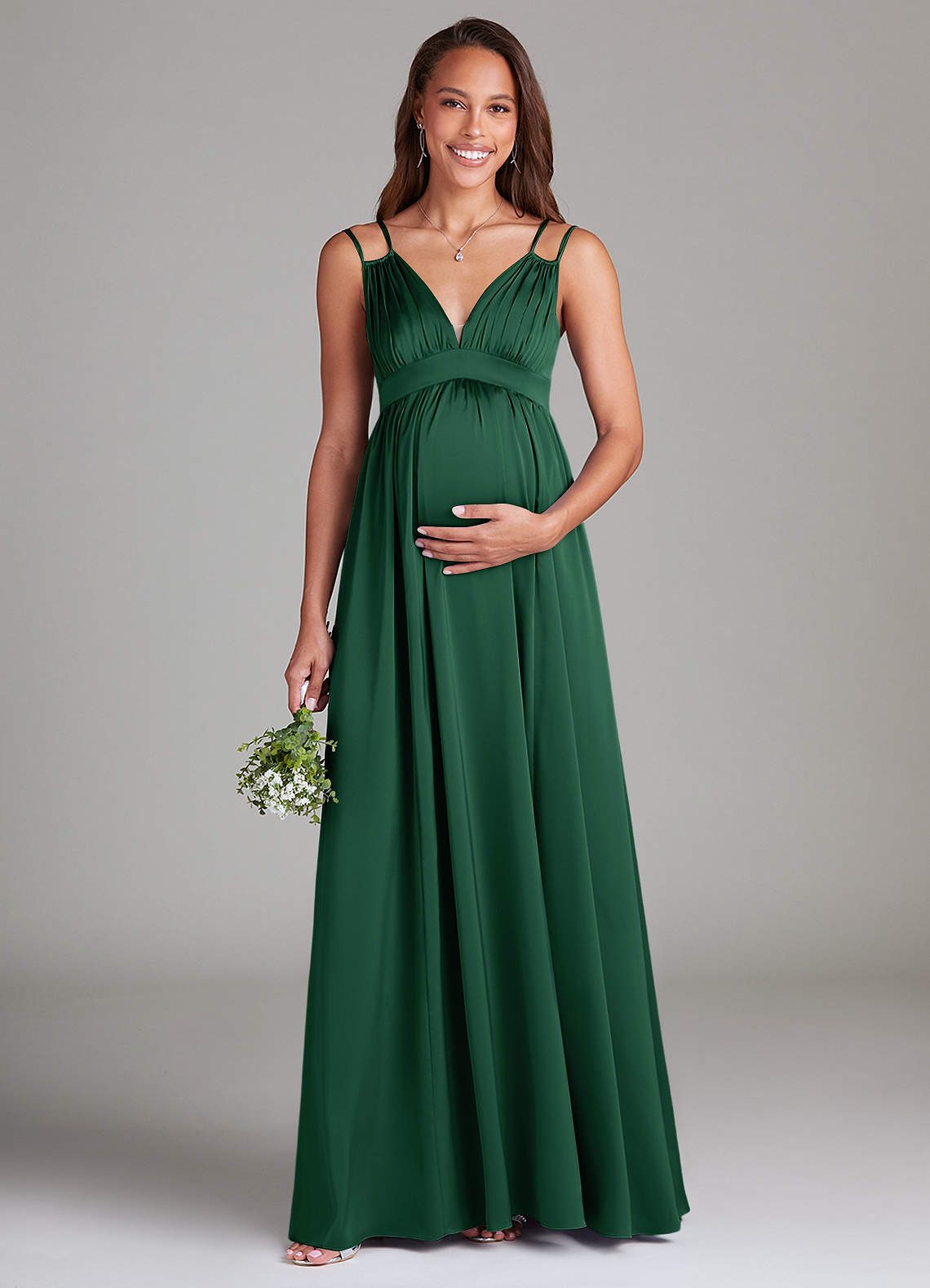 Azazie Emree Maternity Bridesmaid Dresses A-Line Stretch Satin Floor-Length Dress with Pockets image1