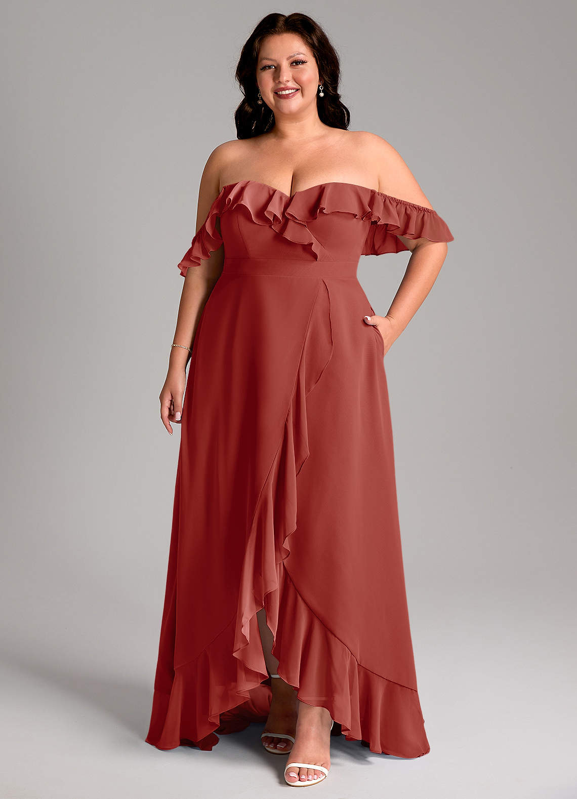Azazie Lyra Robes de demoiselle d'honneur Robe Trapèze Convertible en Mousseline de soie Terracotta image1