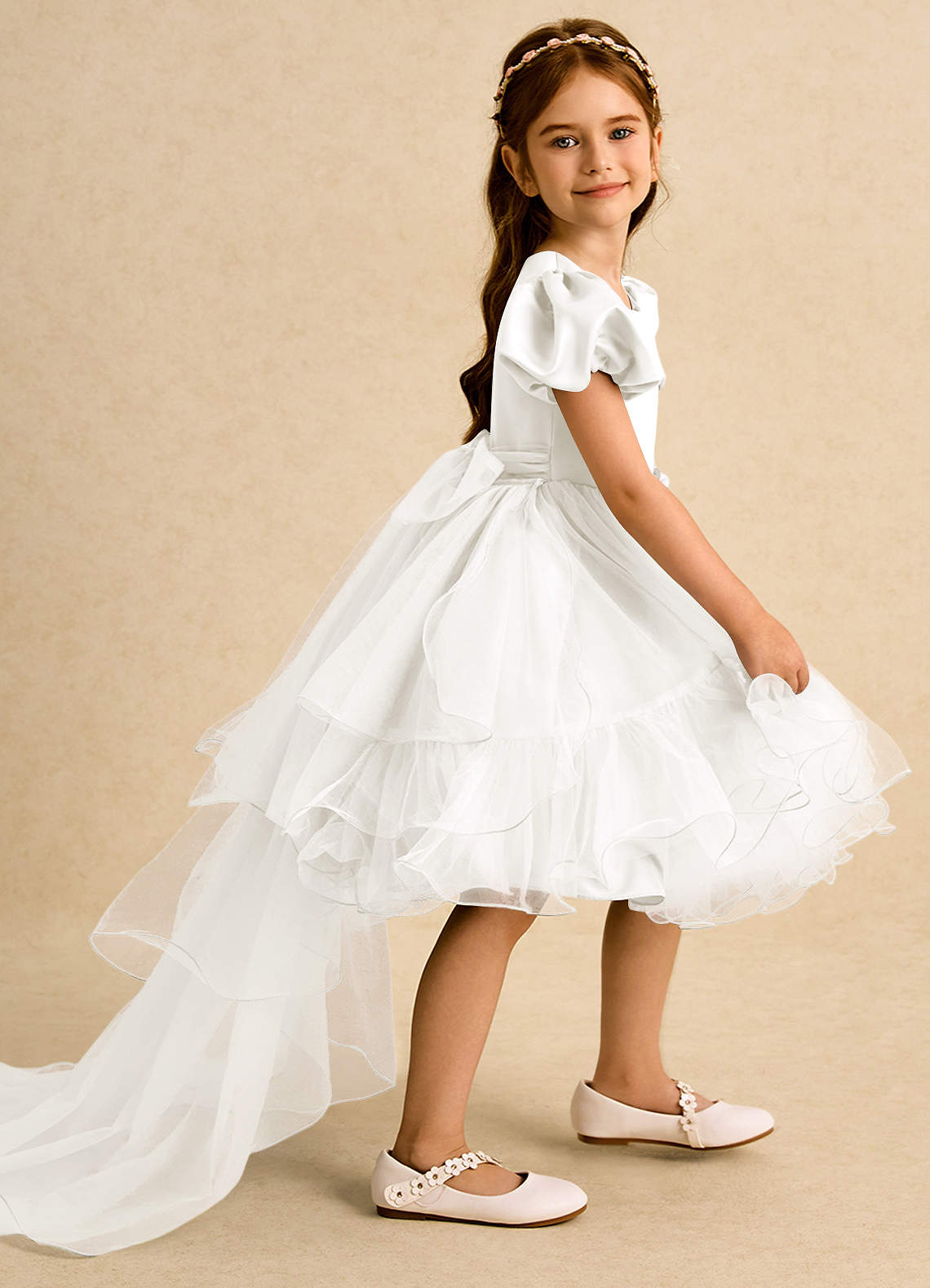 Azazie Cocoa Flower Girl Dresses Ivory Ball-Gown Pleated Tulle Dress image1