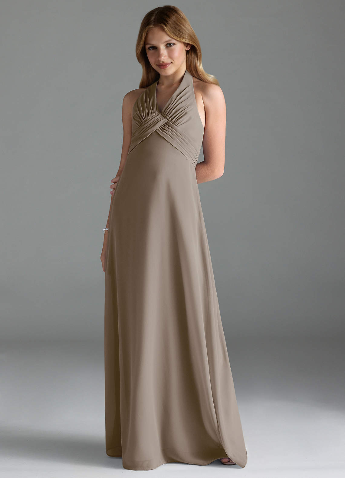 Azazie Tessie Junior Taupe A-Line Pleated Chiffon Dress image1