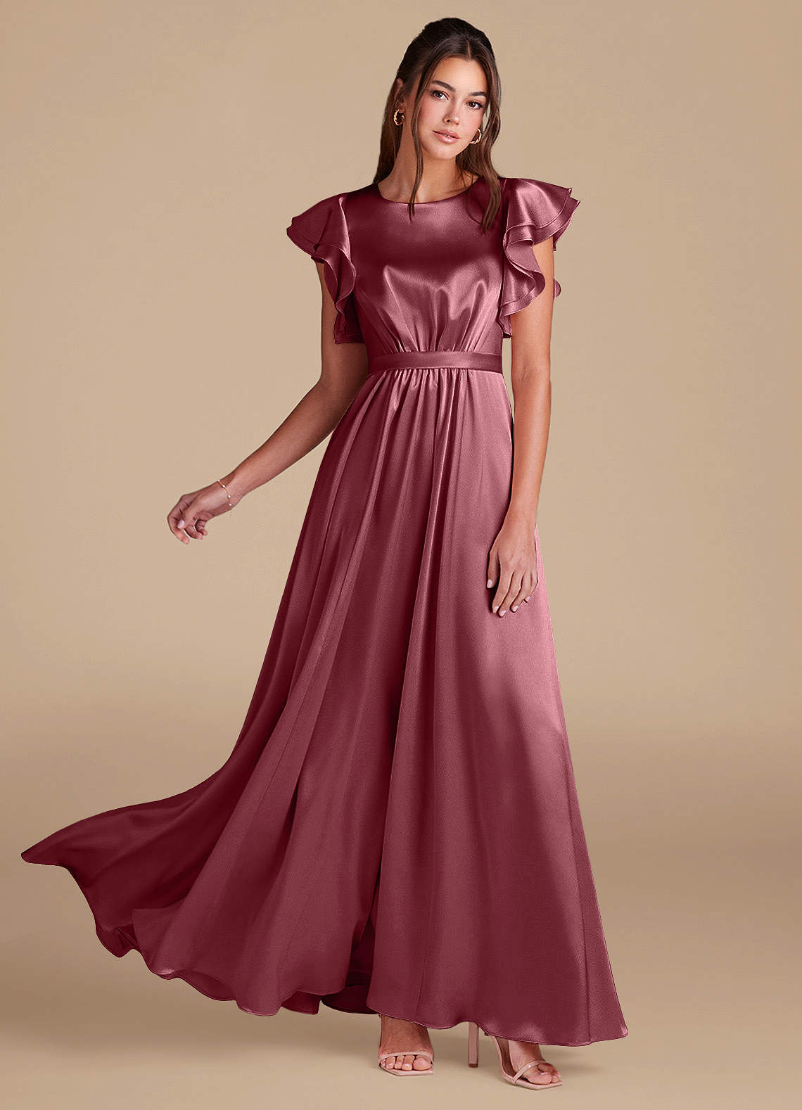 Azazie Daphne Modest Bridesmaid Dresses A-Line Ruched Metallic Satin Floor-Length Dress image1