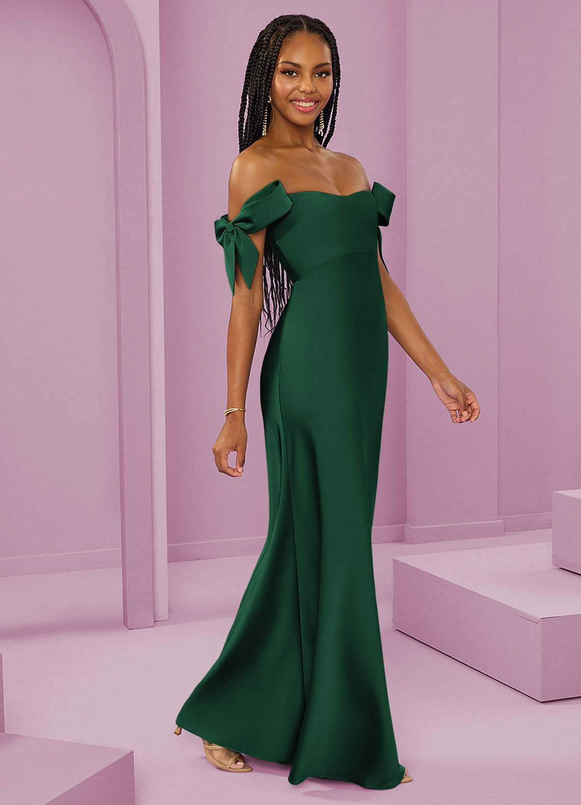 Barbie ♥ Azazie Bridesmaid Dresses Dark Green Sheath Off the Shoulder Stretch Satin Convertible Dress image1